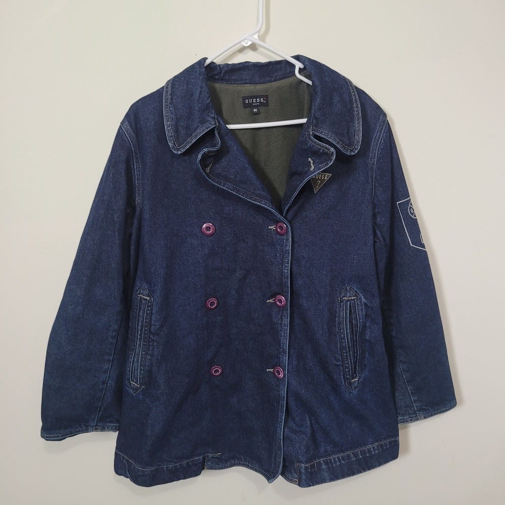 Guess Size M Denim Peacoat Womens Vintage Double Breasted Dark Wash Jacket